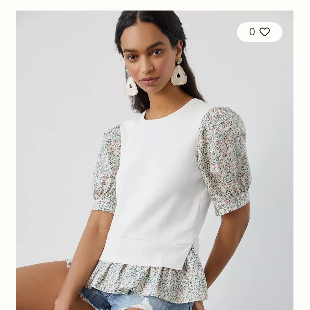 Anthropologie White Top with Floral Puff Sleeves